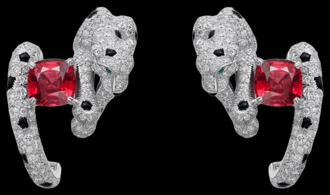 Cartier Panthère de Cartier earrings, cushion-cut rubies, paved