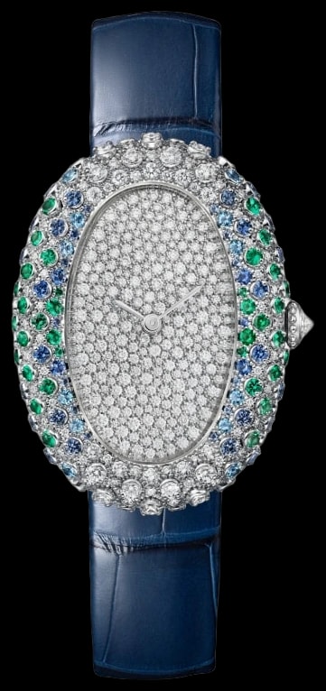 Cartier Baignoire WJBA0060 Medium model, quartz movement, white gold, sapphires, emeralds, diamonds, leather