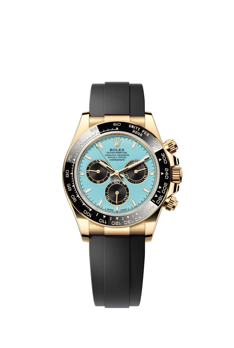Rolex Cosmograph Daytona with a turquoise dial and Oysterflex bracelet