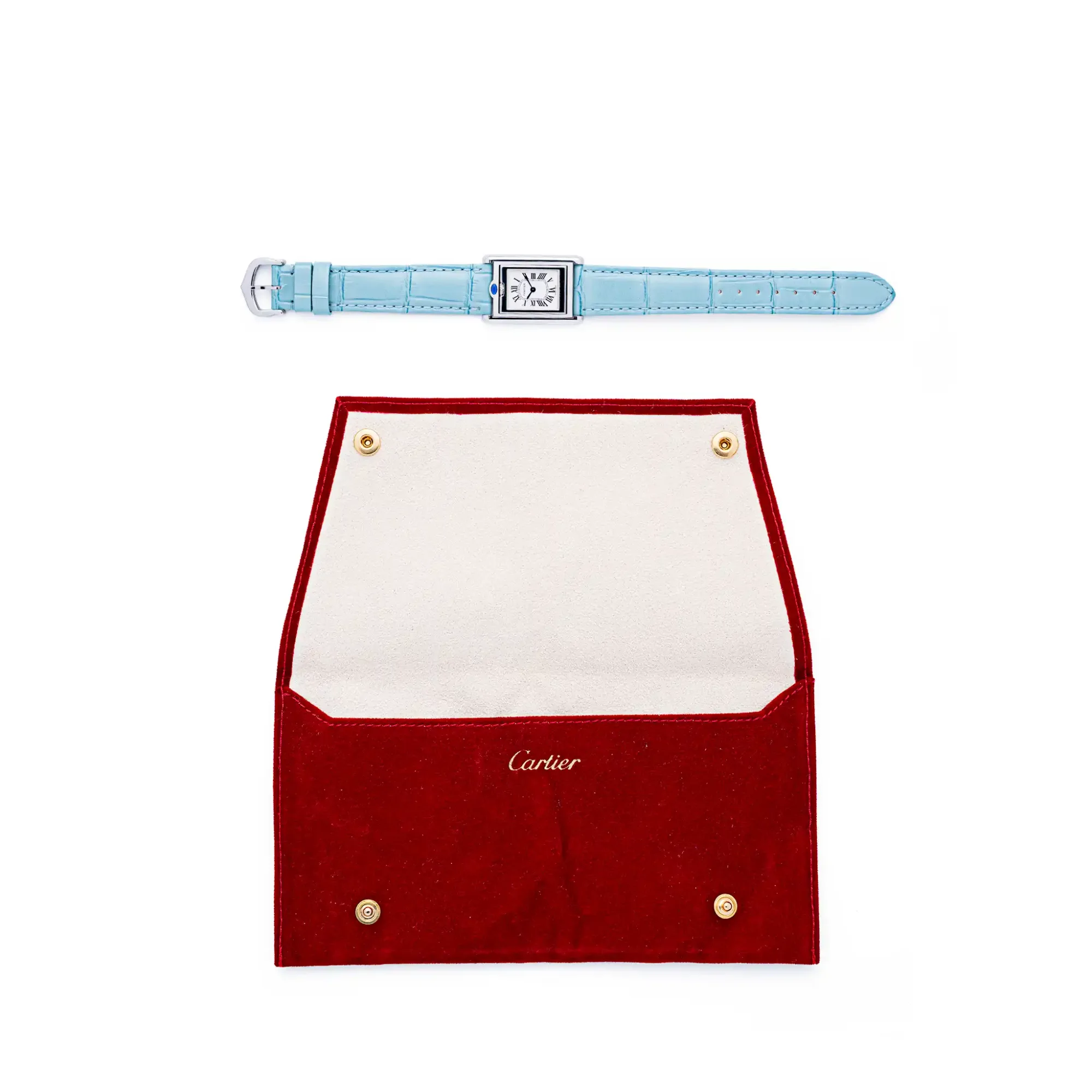 Cartier Tank Basculante 2386 with light blue alligator strap, displayed above its red suede Cartier travel pouch, on a white background.