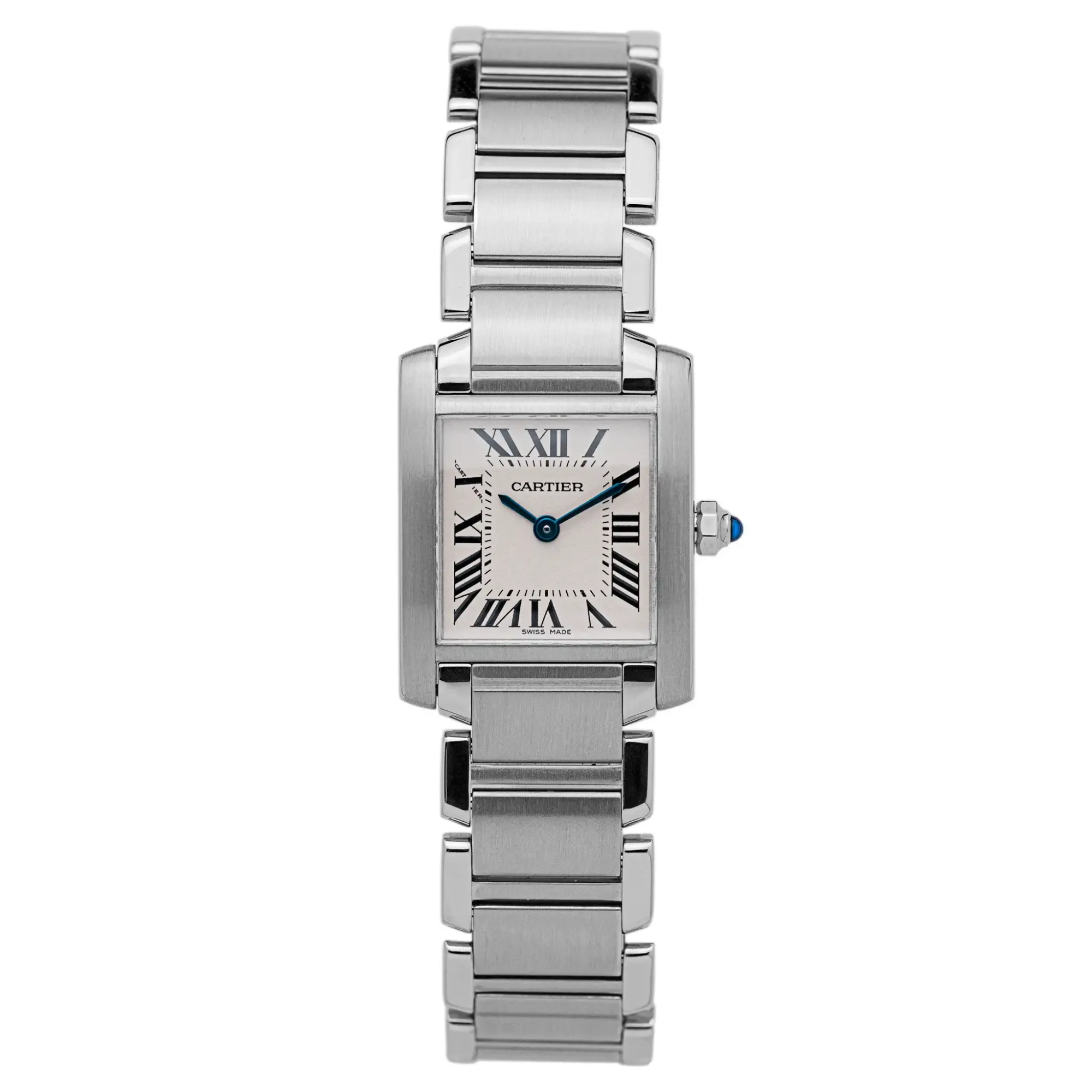 Cartier Tank Française 2384 in stainless steel with white Roman dial and steel bracelet, front view.