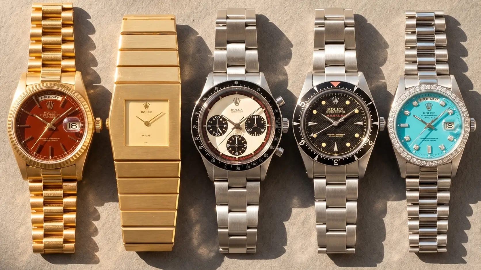 Showcasing five iconic vintage rare Rolex Day-Date, King Midas, Daytona, Milgauss, and diamond-set collector models