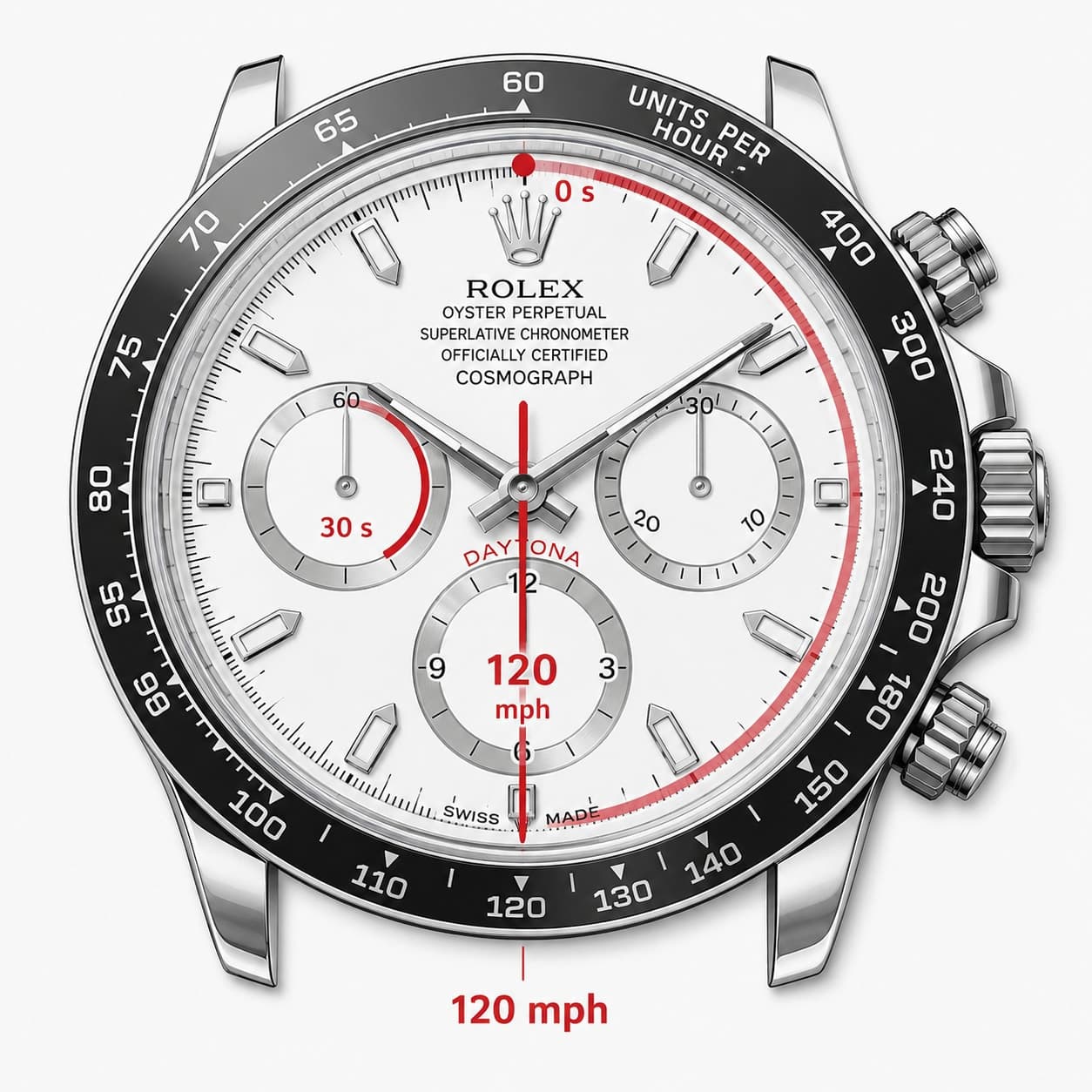 The chronograph hand starts at the top, runs while the car covers one measured mile, and stops at thirty seconds, pointing to 120 on the tachymeter bezel. The car averaged 120 miles per hour. Time a kilometre instead, and the same 120 reads as kilometres per hour.