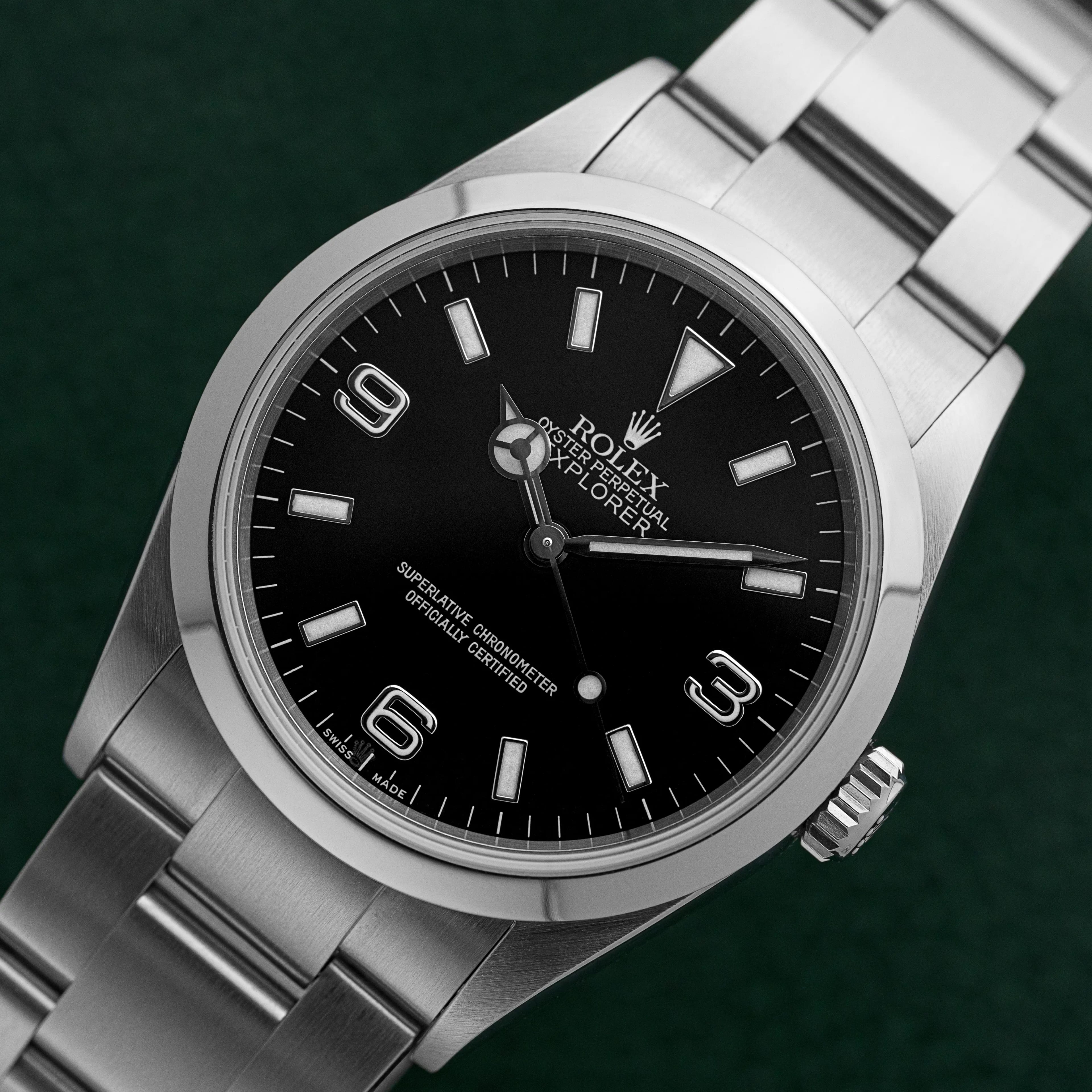 Rolex Explorer 114270 black dial and stainless steel case, three-quarter front angle