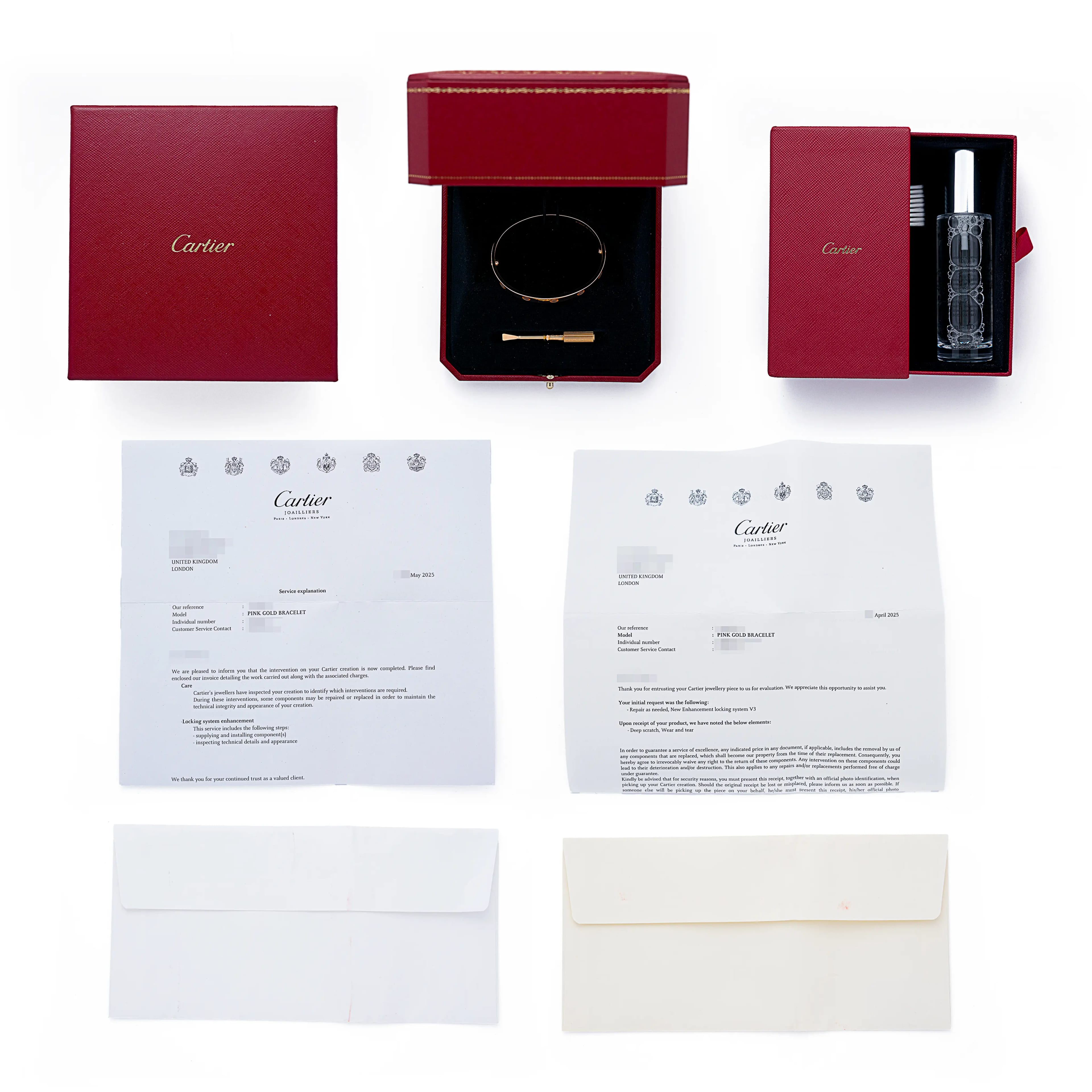 Cartier Love bracelet in rose gold displayed in its red Cartier box with gold screwdriver, alongside the outer box, cleaning kit, and Cartier service letters.