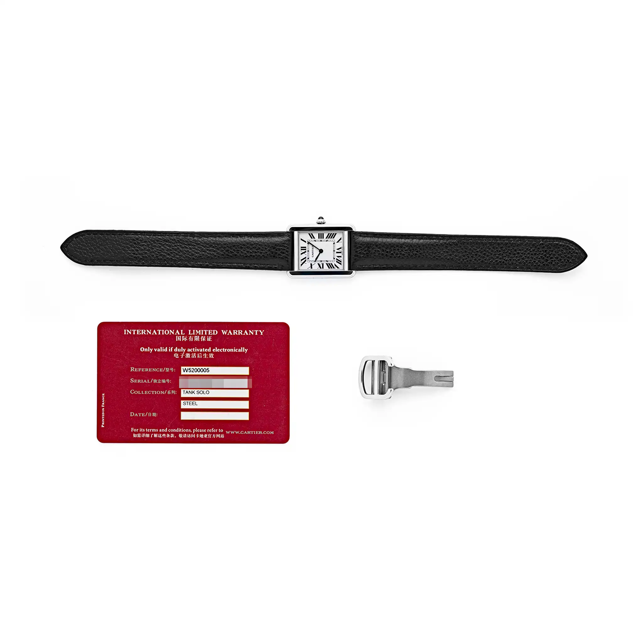 Cartier Tank Solo 3170 on a black leather strap, with its red International Warranty card (ref. W5200005) and spare steel deployant clasp.