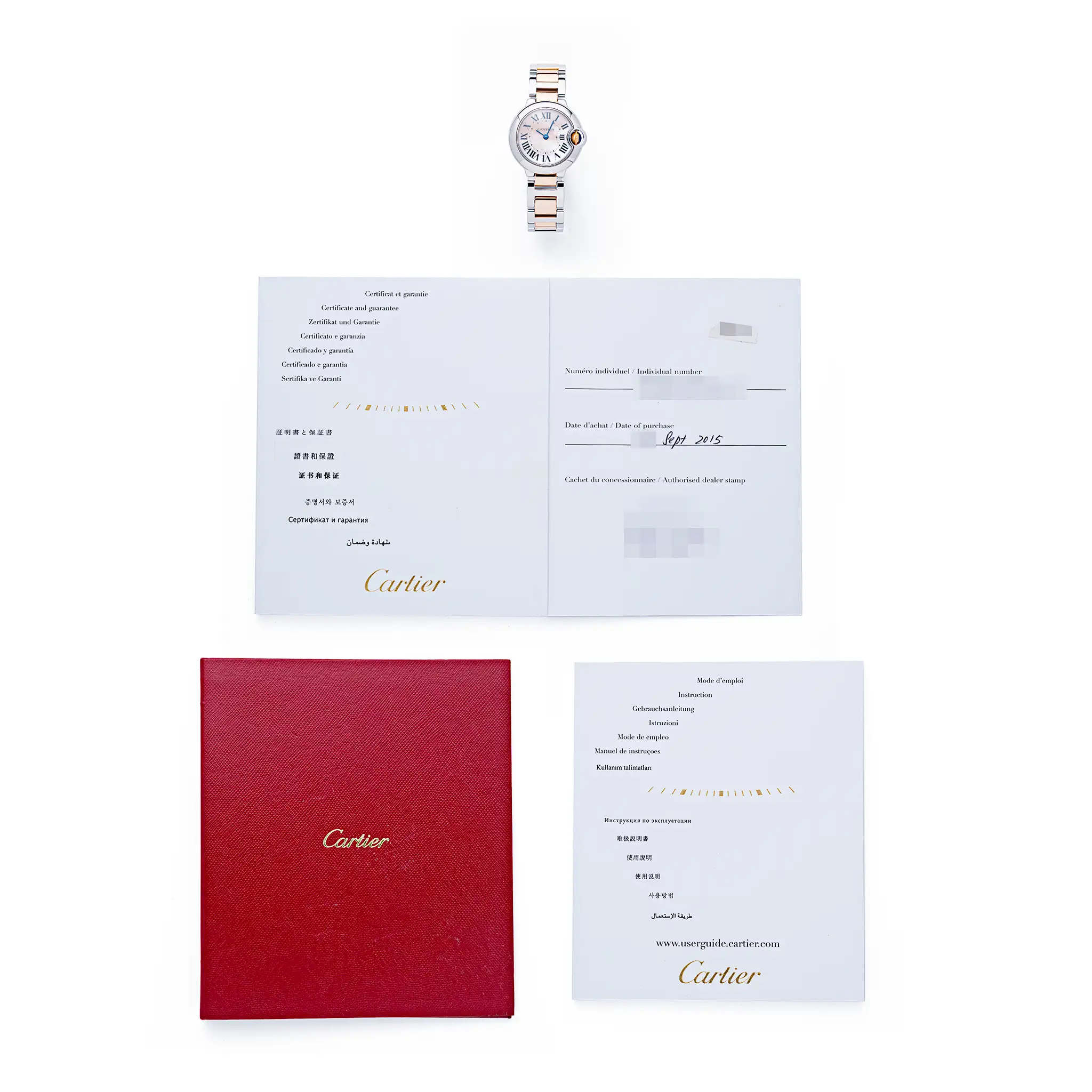 Cartier Ballon Bleu 3009 two-tone watch with its Cartier certificate and guarantee booklet (dated Sept 2015), red box, and multilingual instruction manual.